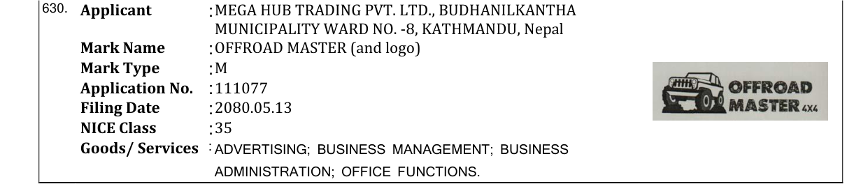 Original bulletin entry for OFFROAD MASTER (and logo)