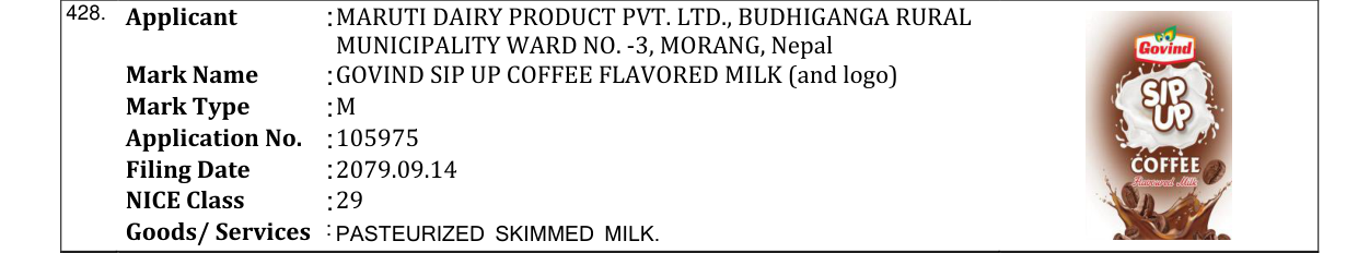 Original bulletin entry for GOVIND SIP UP COFFEE FLAVORED MILK (and logo)