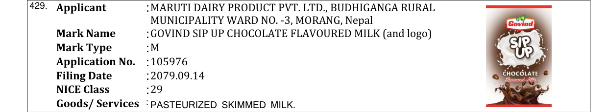 Original bulletin entry for GOVIND SIP UP CHOCOLATE FLAVOURED MILK (and logo)