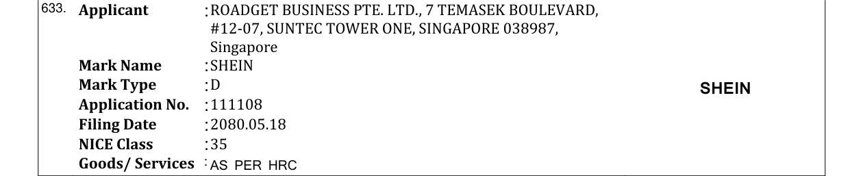 Original bulletin entry for SHEIN