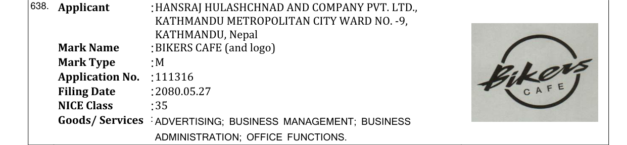 Original bulletin entry for BIKERS CAFE (and logo)