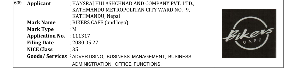 Original bulletin entry for BIKERS CAFE (and logo)
