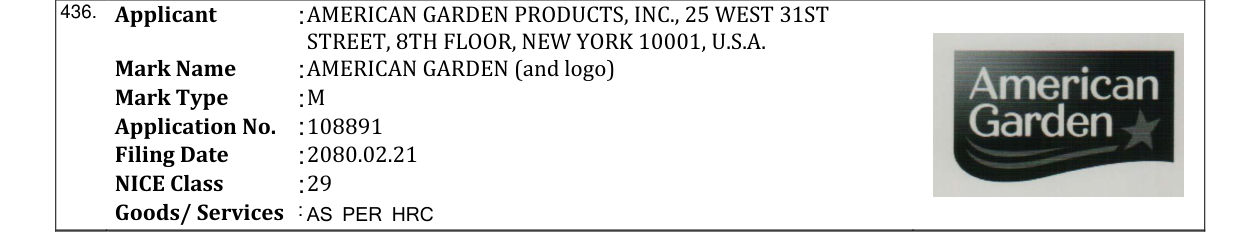 Original bulletin entry for AMERICAN GARDEN (and logo)