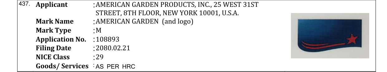 Original bulletin entry for AMERICAN GARDEN (and logo)