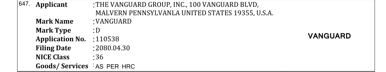 Original bulletin entry for VANGUARD