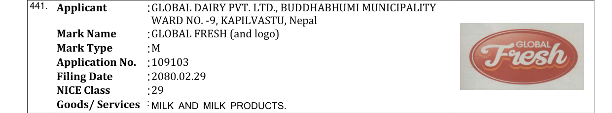 Original bulletin entry for GLOBAL FRESH (and logo)