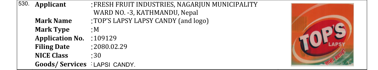 Original bulletin entry for TOP'S LAPSY LAPSY CANDY (and logo)