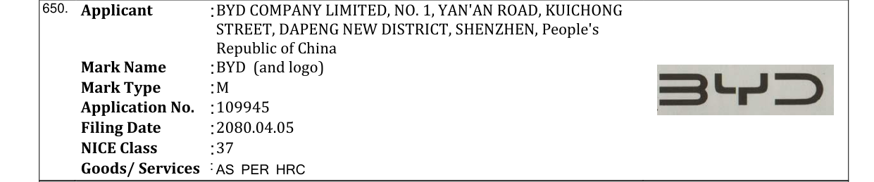 Original bulletin entry for BYD (and logo)