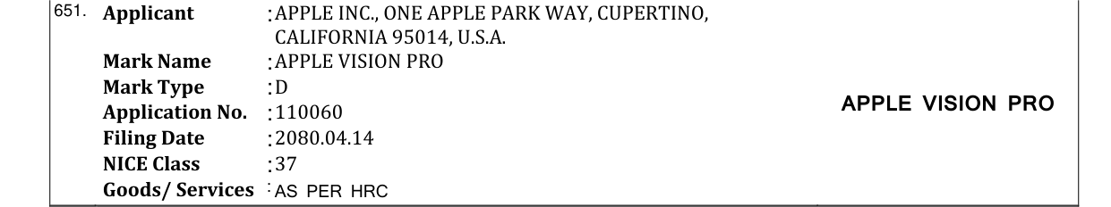 Original bulletin entry for APPLE VISION PRO