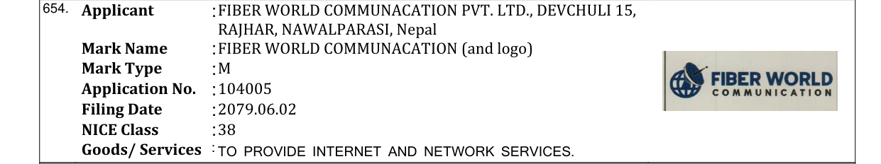 Original bulletin entry for FIBER WORLD COMMUNACATION (and logo)