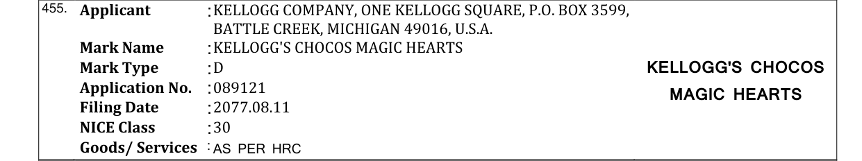 Original bulletin entry for KELLOGG'S CHOCOS MAGIC HEARTS