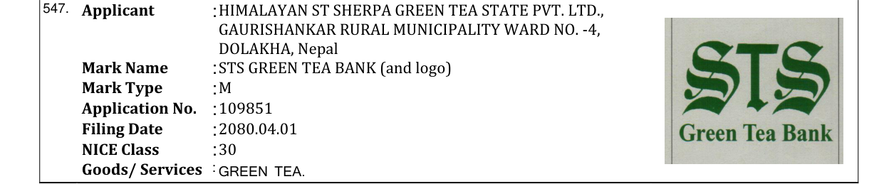 Original bulletin entry for STS GREEN TEA BANK (and logo)