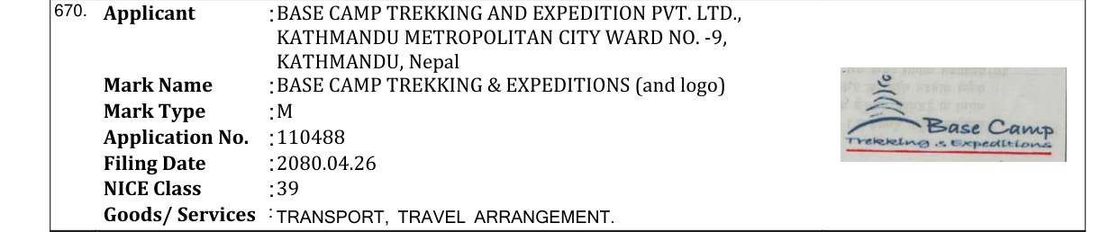 Original bulletin entry for BASE CAMP TREKKING & EXPEDITIONS (and logo)