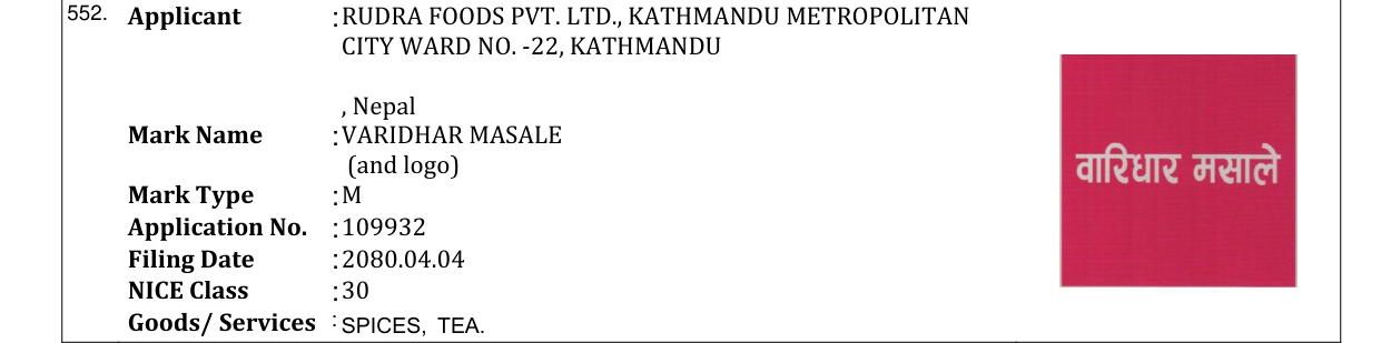 Original bulletin entry for VARIDHAR MASALE (and logo)