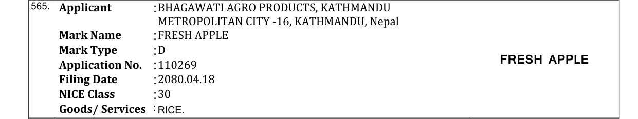 Original bulletin entry for FRESH APPLE