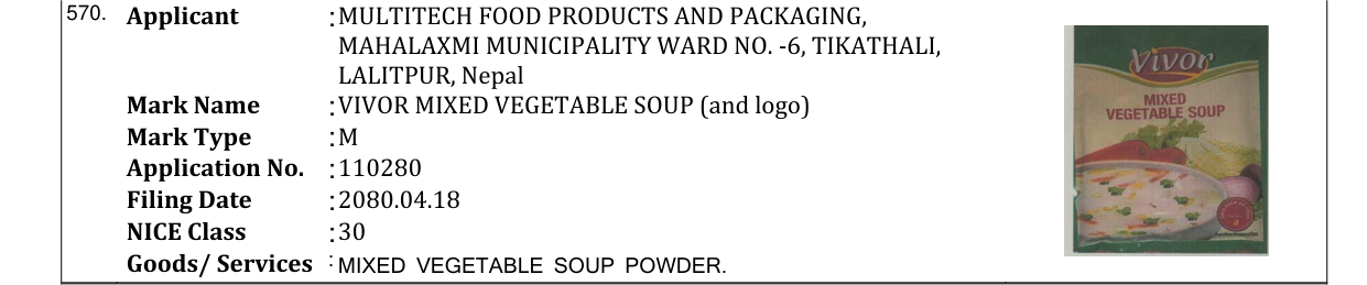 Original bulletin entry for VIVOR MIXED VEGETABLE SOUP (and logo)