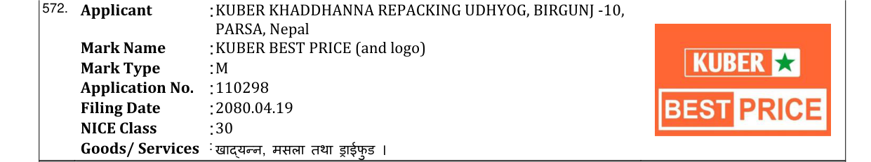 Original bulletin entry for KUBER BEST PRICE (and logo)