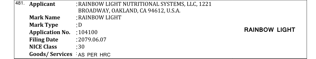 Original bulletin entry for RAINBOW LIGHT