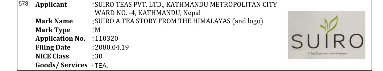 Original bulletin entry for SUIRO A TEA STORY FROM THE HIMALAYAS (and logo)