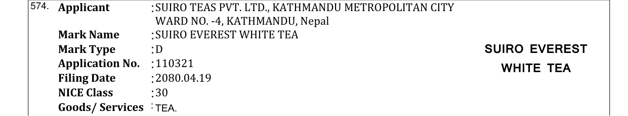 Original bulletin entry for SUIRO EVEREST WHITE TEA