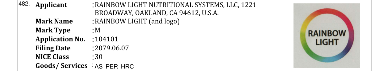 Original bulletin entry for RAINBOW LIGHT (and logo)