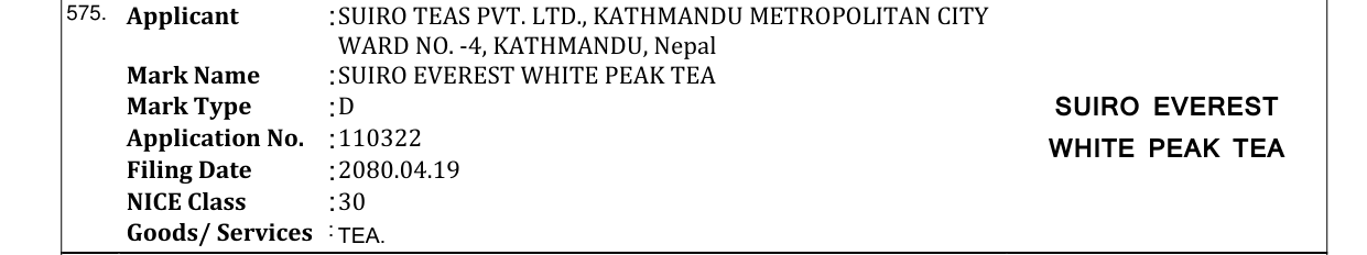 Original bulletin entry for SUIRO EVEREST WHITE PEAK TEA