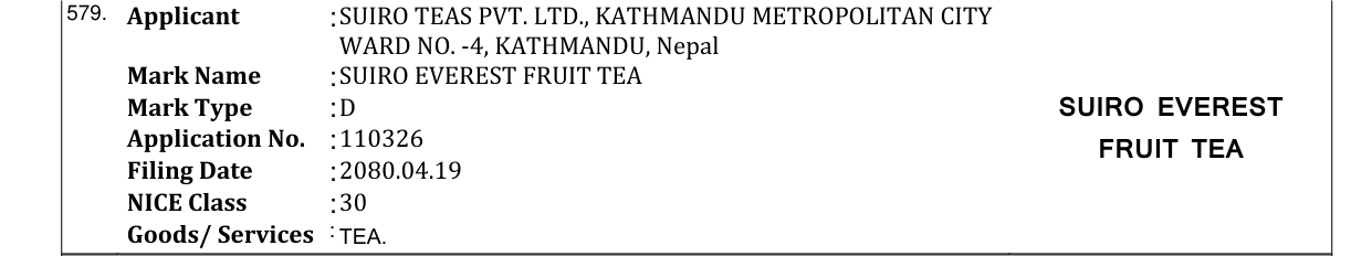 Original bulletin entry for SUIRO EVEREST FRUIT TEA