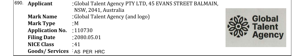 Original bulletin entry for Global Talent Agency (and logo)