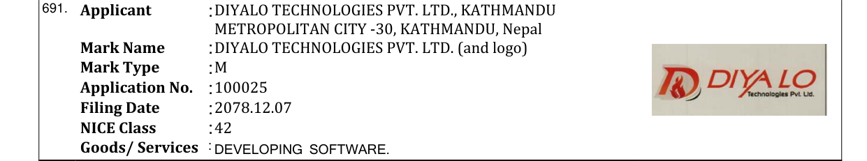Original bulletin entry for DIYALO TECHNOLOGIES PVT. LTD. (and logo)