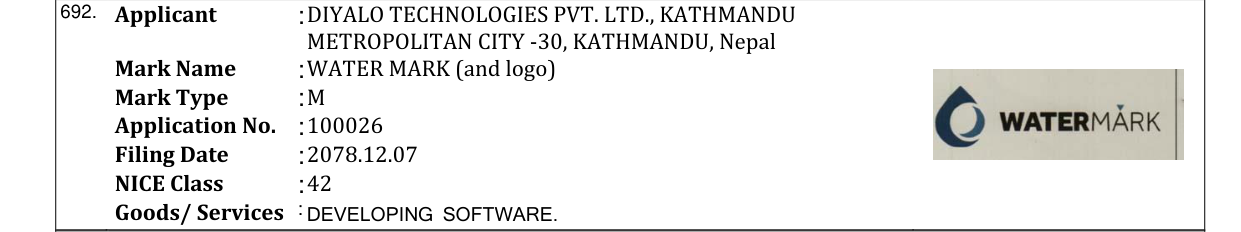Original bulletin entry for WATER MARK (and logo)