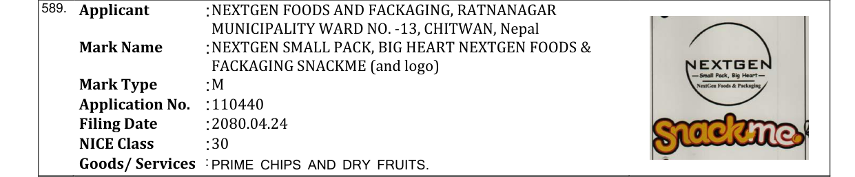 Original bulletin entry for NEXTGEN SMALL PACK, BIG HEART NEXTGEN FOODS & FACKAGING SNACKME (and logo)
