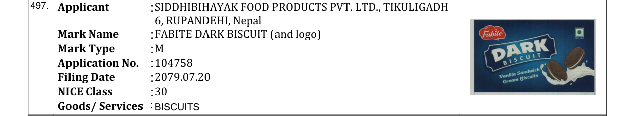 Original bulletin entry for FABITE DARK BISCUIT (and logo)