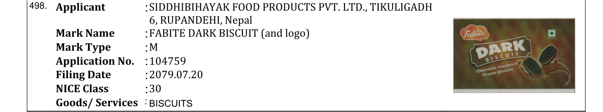 Original bulletin entry for FABITE DARK BISCUIT (and logo)