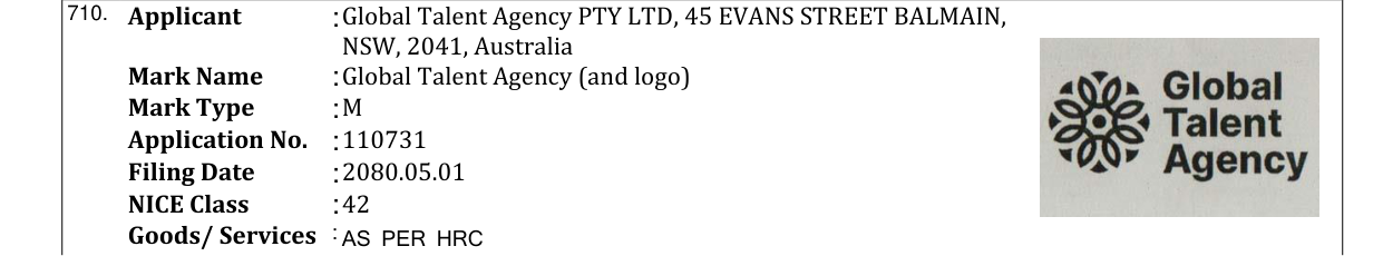 Original bulletin entry for Global Talent Agency (and logo)