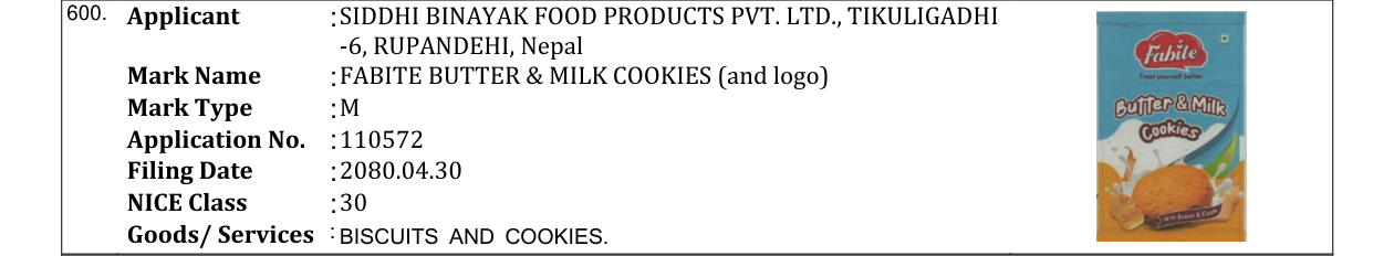 Original bulletin entry for FABITE BUTTER & MILK COOKIES (and logo)