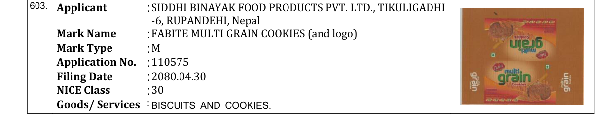 Original bulletin entry for FABITE MULTI GRAIN COOKIES (and logo)