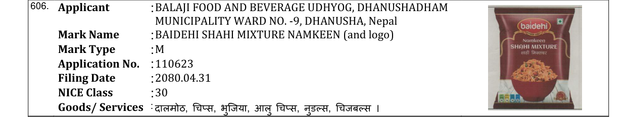 Original bulletin entry for BAIDEHI SHAHI MIXTURE NAMKEEN (and logo)