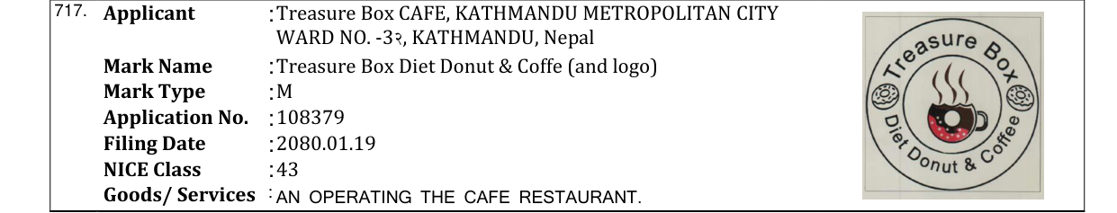 Original bulletin entry for Treasure Box Diet Donut & Coffe (and logo)