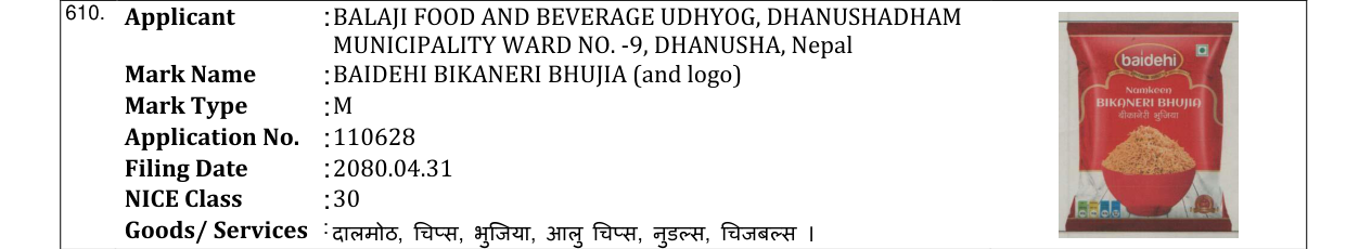 Original bulletin entry for BAIDEHI BIKANERI BHUJIA (and logo)
