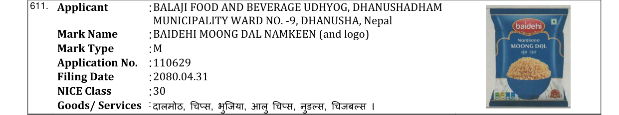 Original bulletin entry for BAIDEHI MOONG DAL NAMKEEN (and logo)