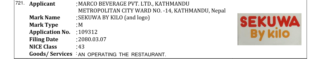 Original bulletin entry for SEKUWA BY KILO (and logo)