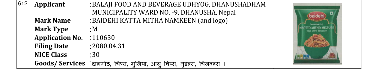 Original bulletin entry for BAIDEHI KATTA MITHA NAMKEEN (and logo)