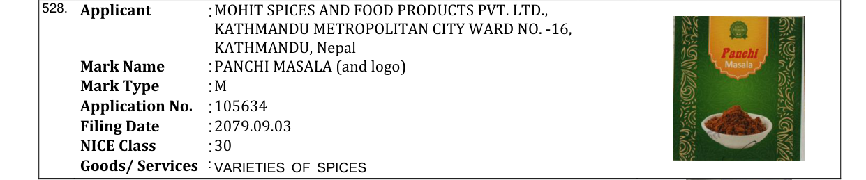 Original bulletin entry for PANCHI MASALA (and logo)