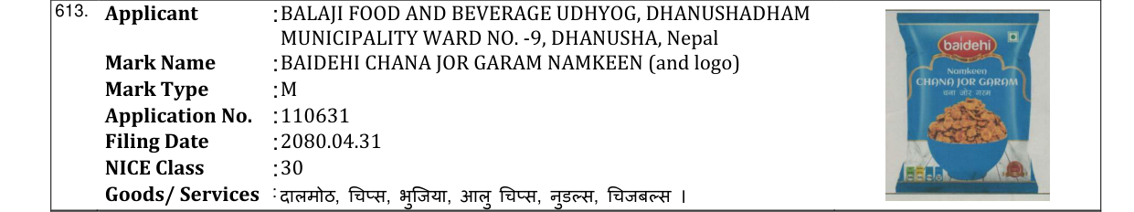 Original bulletin entry for BAIDEHI CHANA JOR GARAM NAMKEEN (and logo)