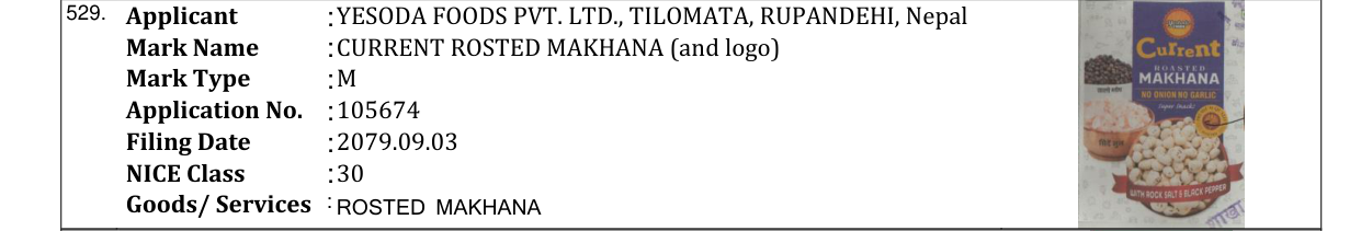 Original bulletin entry for CURRENT ROSTED MAKHANA (and logo)