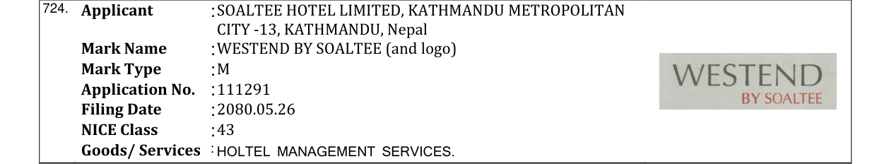 Original bulletin entry for WESTEND BY SOALTEE With Logo