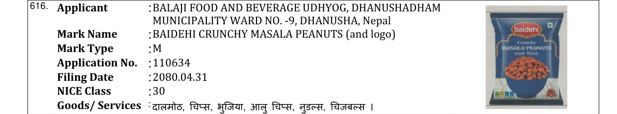 Original bulletin entry for BAIDEHI CRUNCHY MASALA PEANUTS (and logo)
