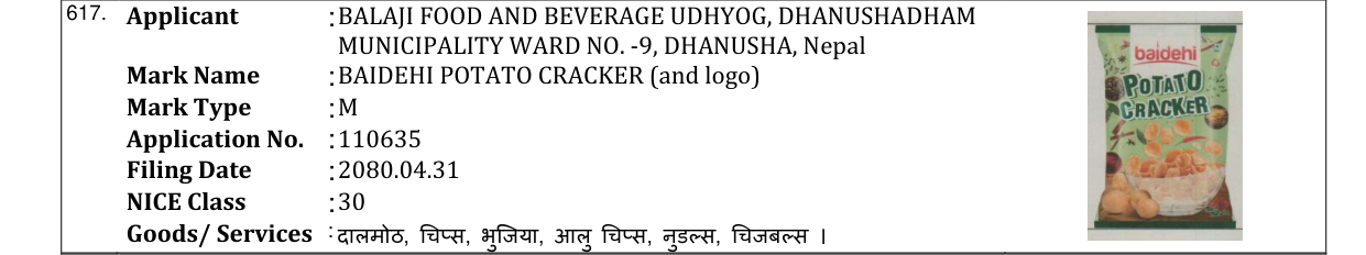 Original bulletin entry for BAIDEHI POTATO CRACKER (and logo)