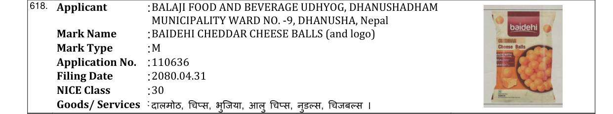 Original bulletin entry for BAIDEHI CHEDDAR CHEESE BALLS (and logo)