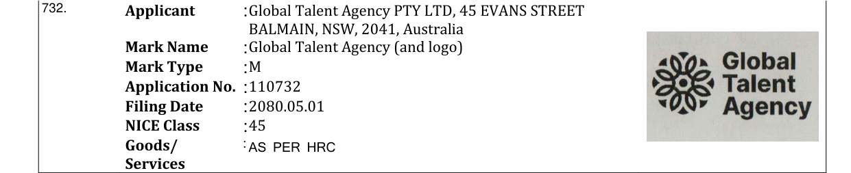 Original bulletin entry for Global Talent Agency (and logo)